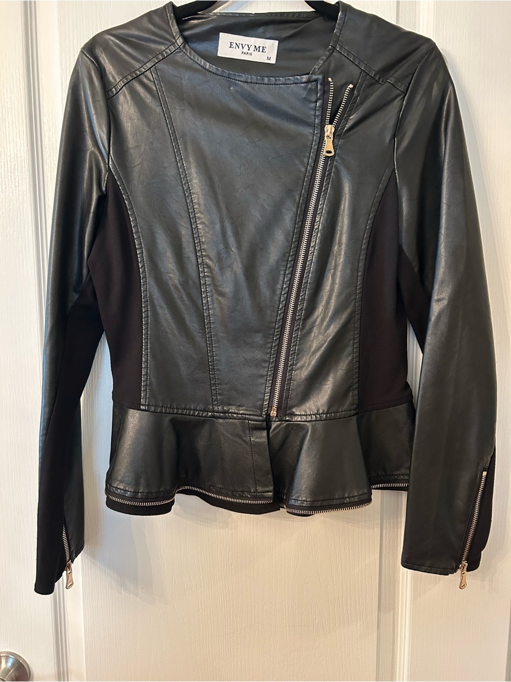 envy Black Faux Leather Peplum Moto Jacket with Gold Zipper